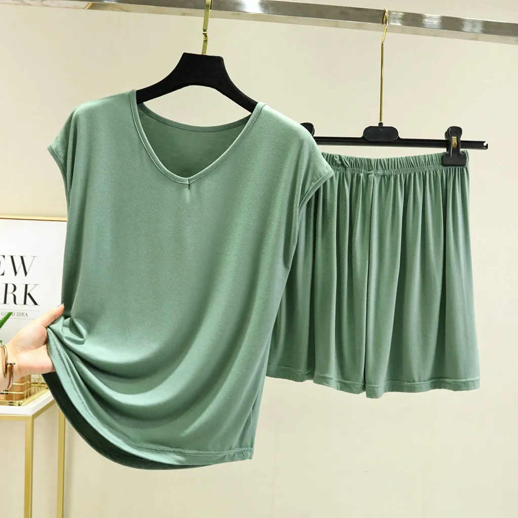 Summer Inner-layer V-neck Sleeveless T-shirt And Loose-fitting Pajama Pants Two-piece Set - Matcha-M