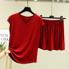 Summer Inner-layer V-neck Sleeveless T-shirt And Loose-fitting Pajama Pants Two-piece Set - Red - View 1