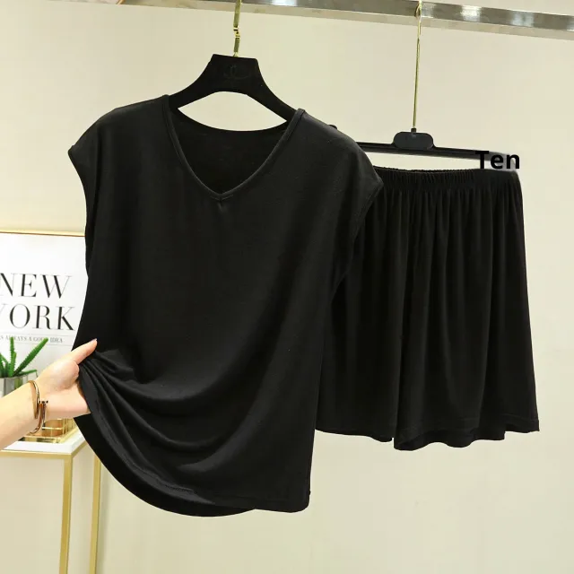 Summer Inner layer V neck Sleeveless T shirt And Loose fitting Pajama Pants Two piece Set Black - Shop at LoveMi