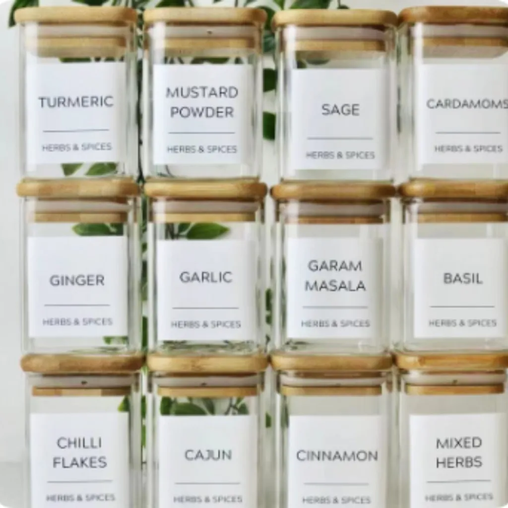 Square Glass Storage Jar With Lid And Square Mouth Condiment Container - 48 Bottles And 96 Labels