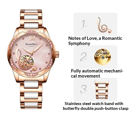 Deyi Bird Wine-Red Note Hollowed-Out Fully Automatic Mechanical Women's Watch