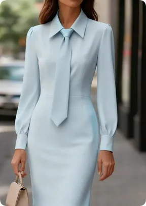 Autumn Fashion Temperament Pure Color Waist Tie Long Sleeve Dress For Women - Blue