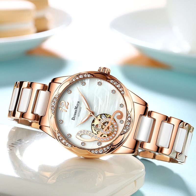 Deyi Bird Wine-Red Note Hollowed-Out Fully Automatic Mechanical Women's Watch