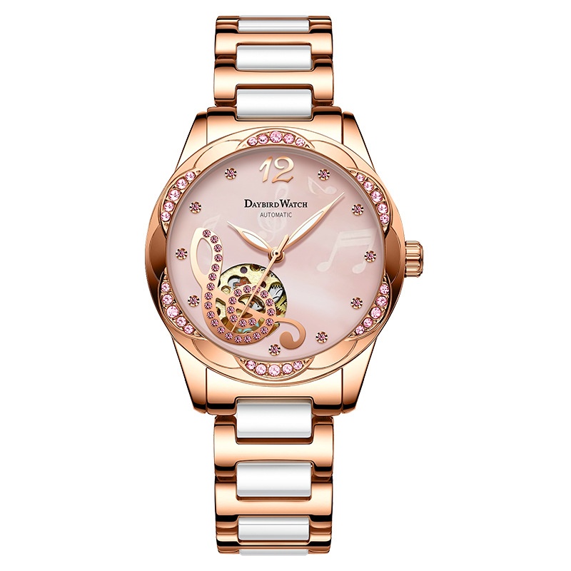 Deyi Bird Wine-Red Note Hollowed-Out Fully Automatic Mechanical Women's Watch