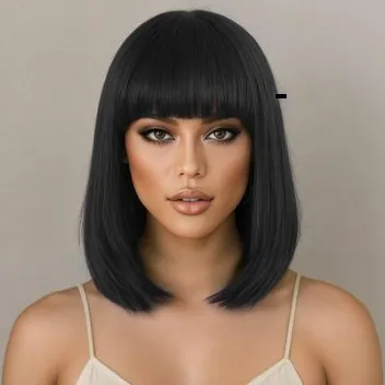 New European And American style Women's Bob Wig With Blunt Bangs And Straight Hair Black - Shop at LoveMi