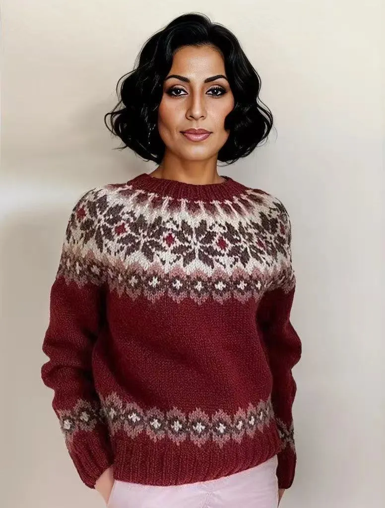 Thick Needle Cloth Digital Printed Round Neck Sweater - Red