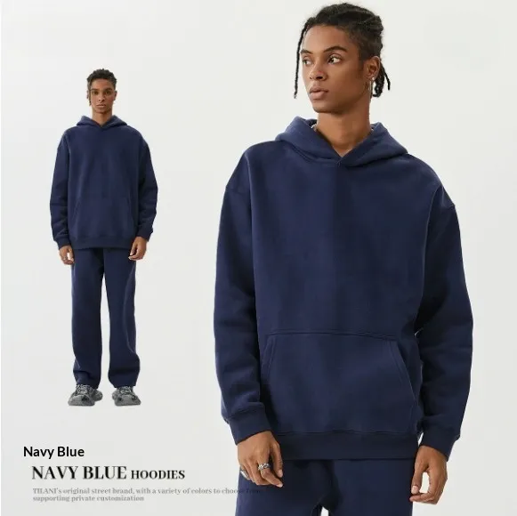 American style Trendy Brand Fleece lined Extra thick Hoodie And Sweatpants Tracksuit Set Navy Blue - Shop at LoveMi