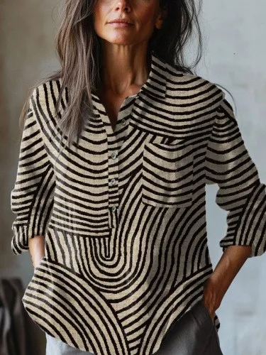 Women's Printed Casual Half Button Lapel Long Sleeve Top Sxcy01Sx5499 - Shop at LoveMi