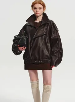 Fleece-lined, Padded Leather Jacket - Brown - View 1