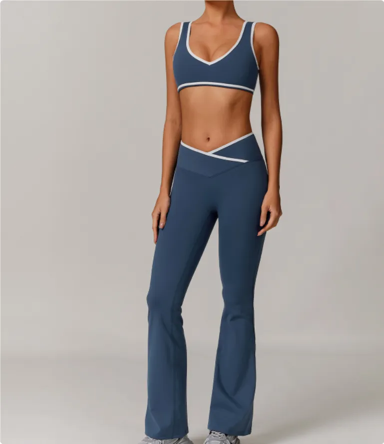 Cross High Top Sports Suit Female Fitness Yoga Wear - Bra Bell Bottoms Badge Blue