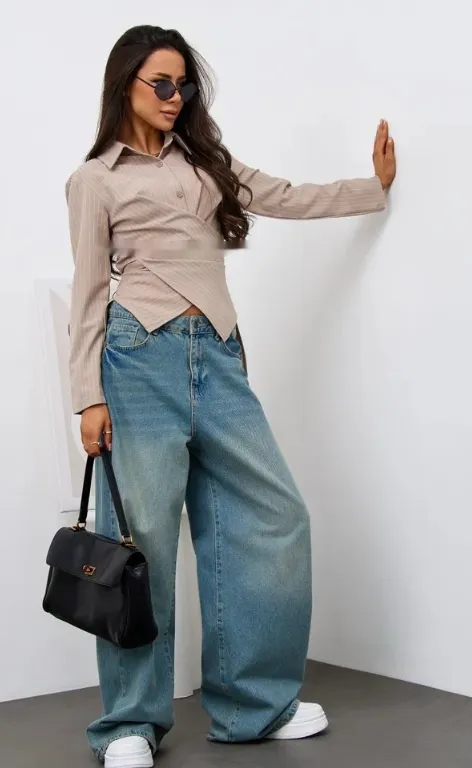 Women's Designer style Shirt With A Turn down Collar Slanted Front Placket And A Fitted Waist Apricot Strip - Shop at LoveMi