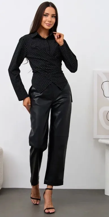 Women's Designer style Shirt With A Turn down Collar Slanted Front Placket And A Fitted Waist Black - Shop at LoveMi