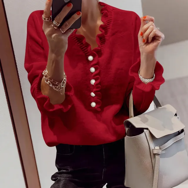 Winter V neck Ruffled Knitted Sweater Fashion Pullover Long sleeved Tops For Women Red - Shop at LoveMi