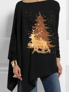 Golden Christmas Tree Printed Mid-Length Irregular Women's Tops - Black - View 1