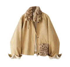 Fur-trimmed Oversized Lapel Design Fleece-lined Thickened Coat - Khaki - View 1