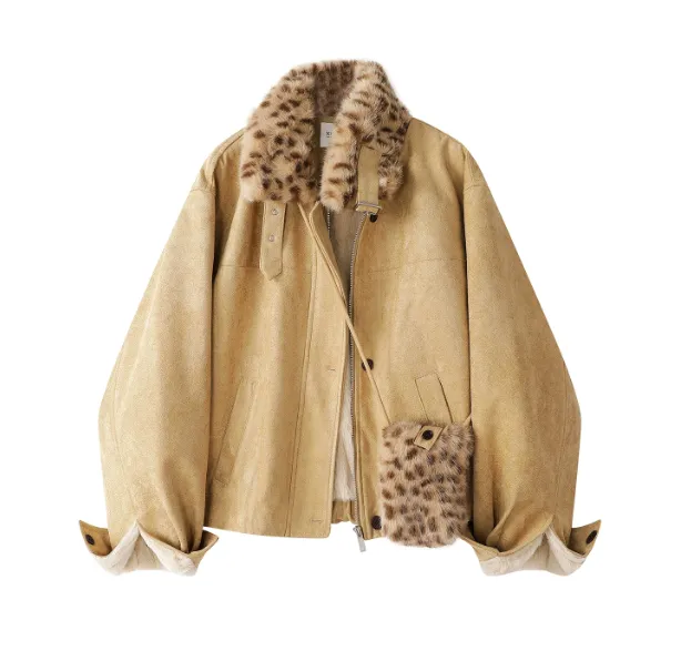 Fur trimmed Oversized Lapel Design Fleece lined Thickened Coat Khaki - Shop at LoveMi