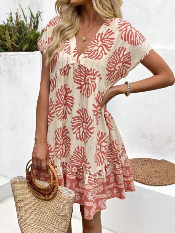Women's Loose Casual V-Neck Digital-Print Short-Sleeve Dress - Image 4