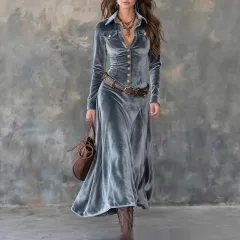 Women's Retro Elegant Long-Sleeve Dress With Metal Buttons - Blue Grey - View 1