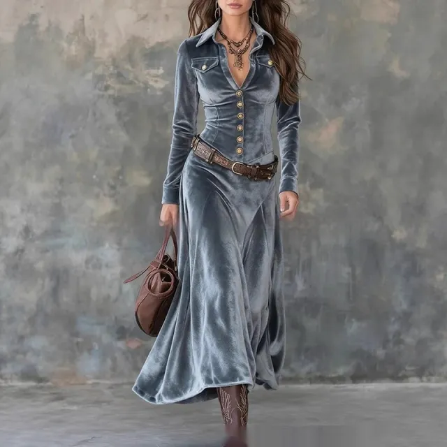 Women's Retro Elegant Long Sleeve Dress With Metal Buttons Blue Gray - Shop at LoveMi