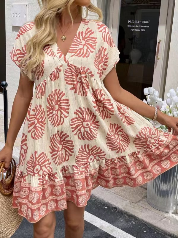 Women's Loose Casual V-Neck Digital-Print Short-Sleeve Dress - Image 3