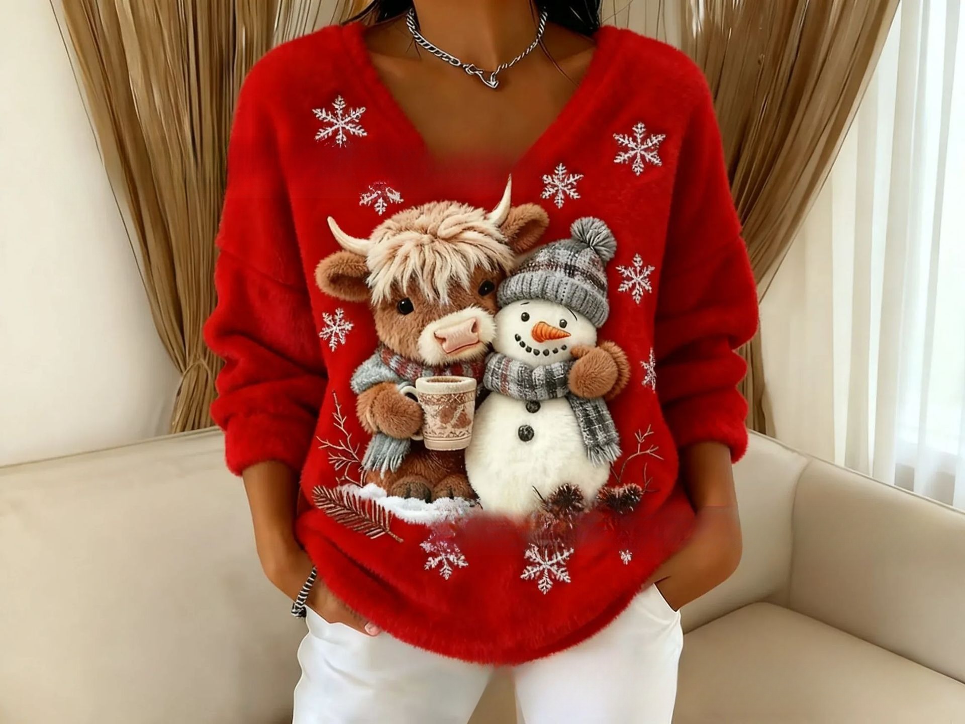 Fashionable Digital-Printed Christmas Women's V-Neck Sweater - Image 4
