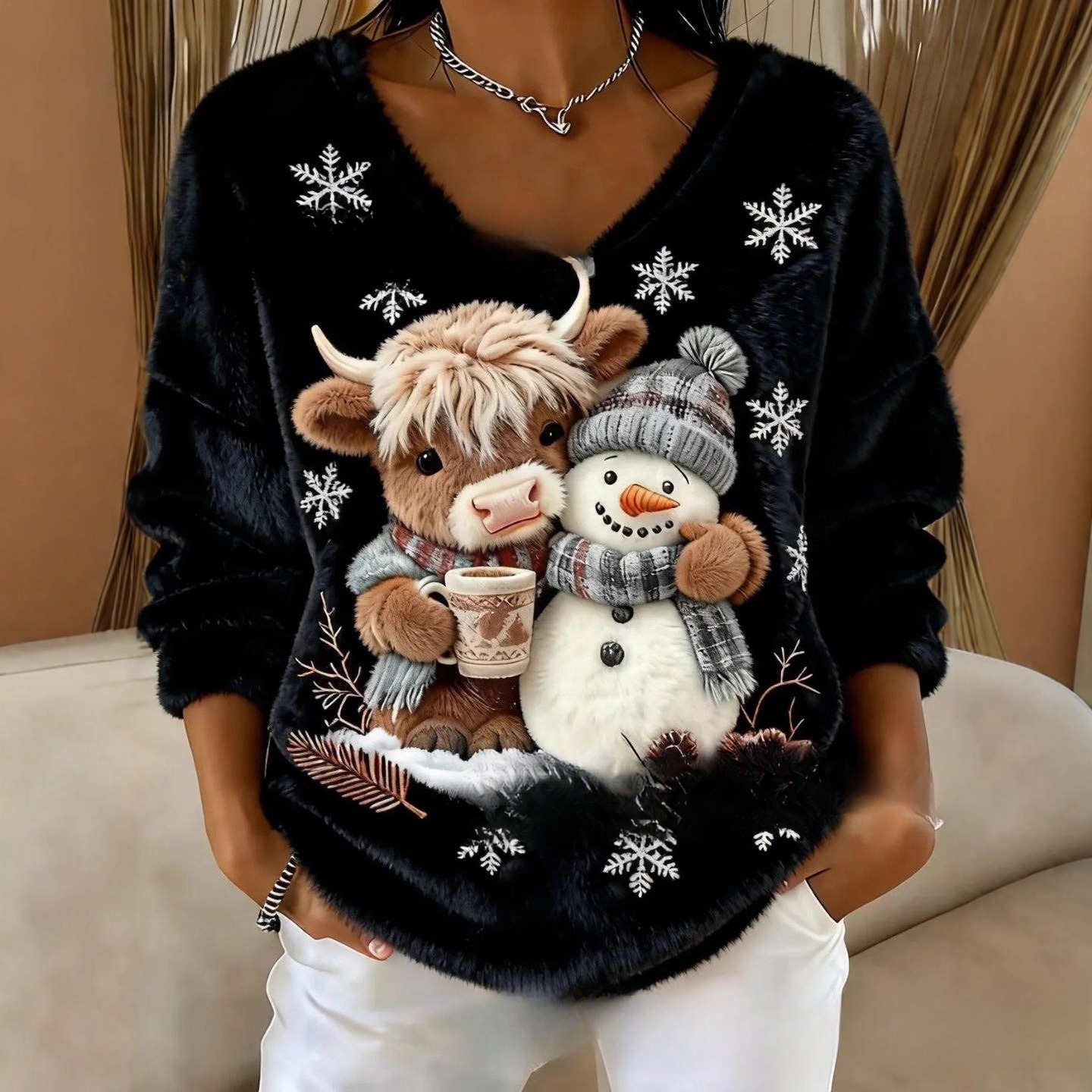 Fashionable Digital-Printed Christmas Women's V-Neck Sweater