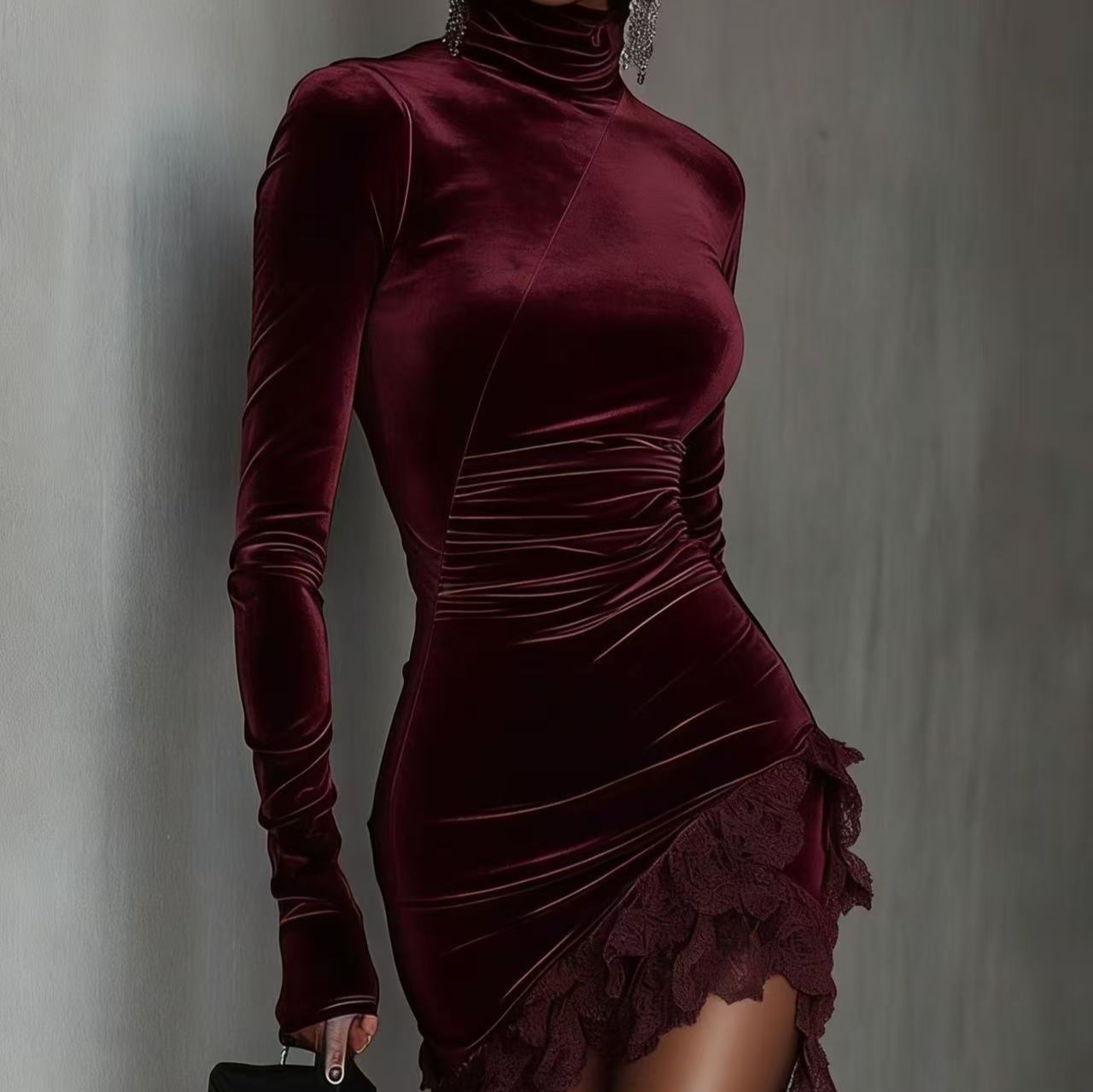 New European And American style Velvet Turt Leneck Slim fit Dress Wine - Shop at LoveMi