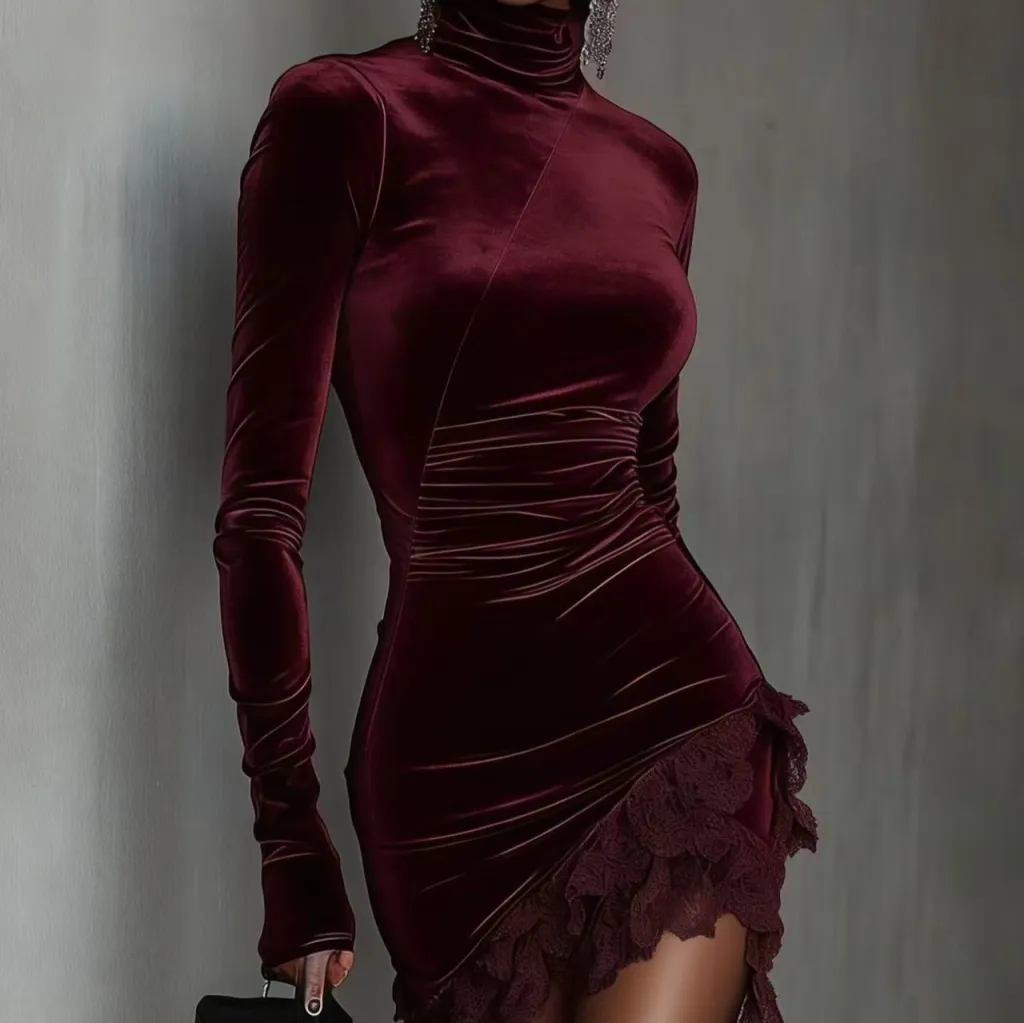 New European And American-style Velvet Turt Leneck Slim-fit Dress - Wine Red