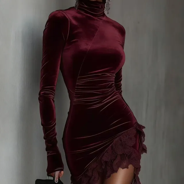 New European And American style Velvet Turt Leneck Slim fit Dress Wine Red - Shop at LoveMi