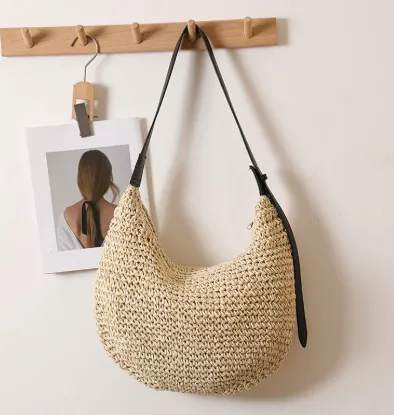 Simple Casual Paper String Hand woven Bag Tote Bag Black - Shop at LoveMi