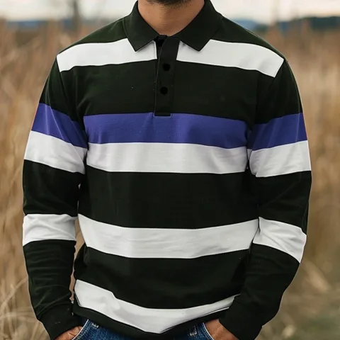 Digital-print Men's Casual Long-sleeve Polo-neck Top