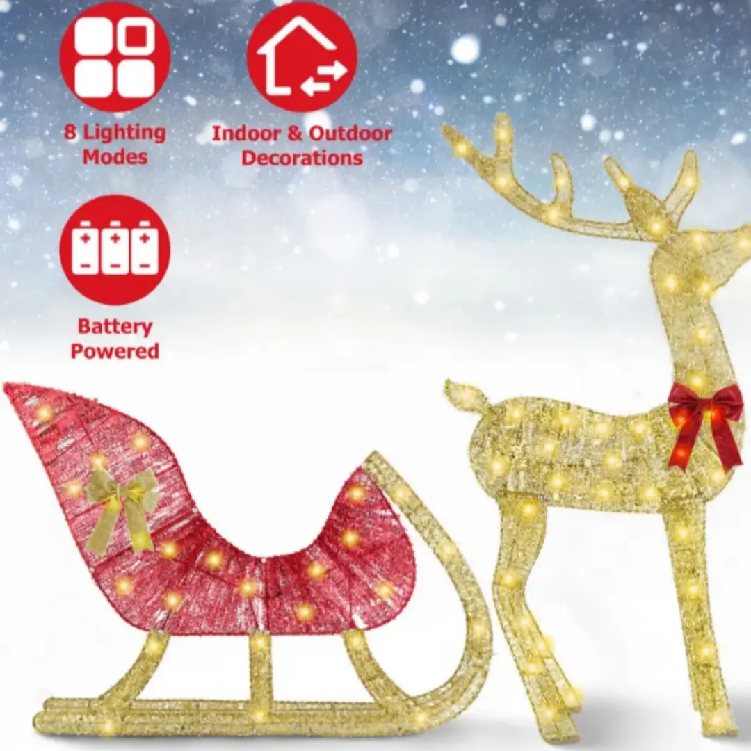 1Pc Lighted Christmas Reindeer Sleigh Indoor Outdoor Decoration Christmas Lighted Display With 8 Lighting Modes