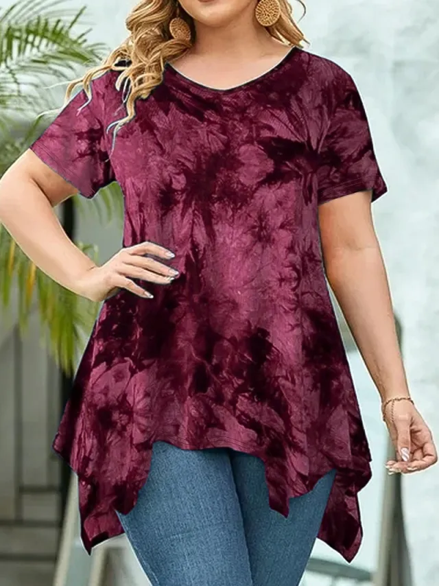 Tie Dye V Neck Asymmetric Hem Short Sleeve Loose Top Red - Shop at LoveMi