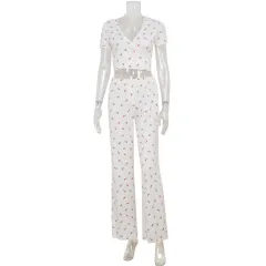 Women's Casual Short-Sleeve Tie-Dye Printed Top And Fashionable Ruffle-Trimmed Pants Set - White - View 1