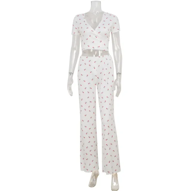 Women's Casual Short Sleeve Tie Dye Printed Top And Fashionable Ruffle Trimmed Pants Set White - Shop at LoveMi