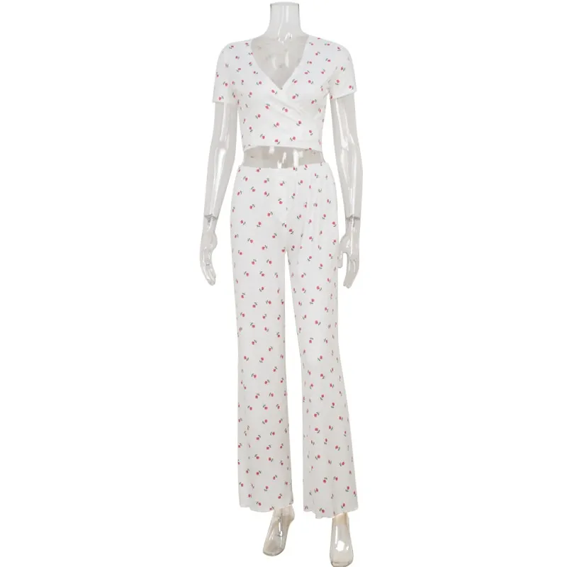 Women's Casual Short-Sleeve Tie-Dye Printed Top And Fashionable Ruffle-Trimmed Pants Set - White