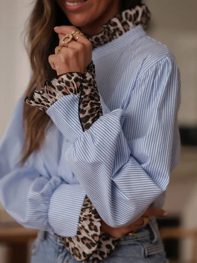 Women's Elegant Casual Striped Leopard Print Patchwork Blouse Blue - Shop at LoveMi