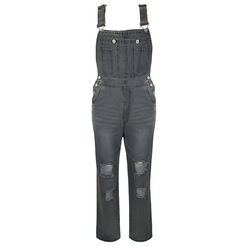 Jumpsuit Women's Fashion Denim Ripped Hole Cut Solid Color Overalls - Gray