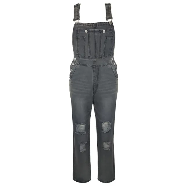 Jumpsuit Women's Fashion Denim Ripped Hole Cut Solid Color Overalls Gray - Shop at LoveMi