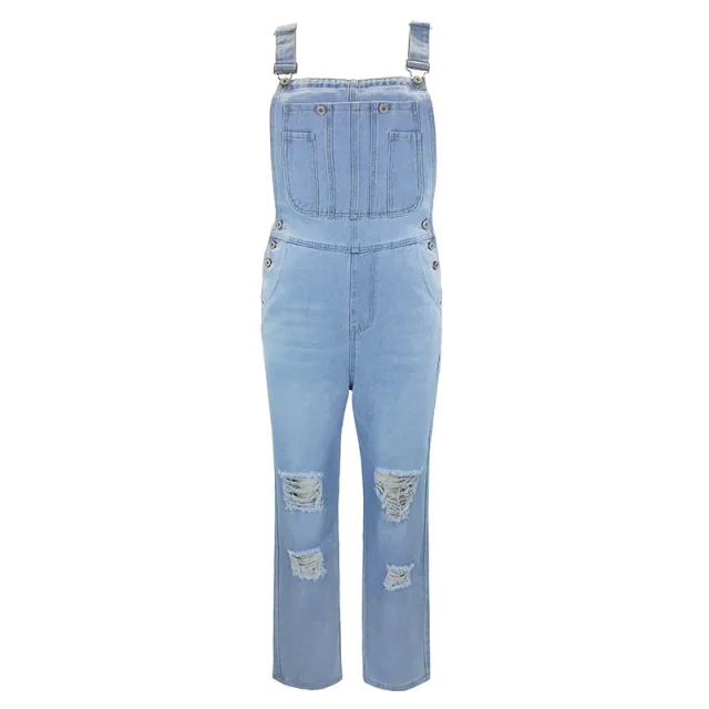 Jumpsuit Women's Fashion Denim Ripped Hole Cut Solid Color Overalls Blue - Shop at LoveMi