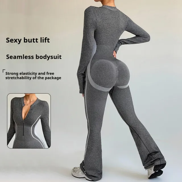 Frosted Contrasting Color Zipper Stand Up Collar Yoga Outdoor Sports Bootcut Jumpsuit With Butt Lifting Design Tan - Shop at LoveMi