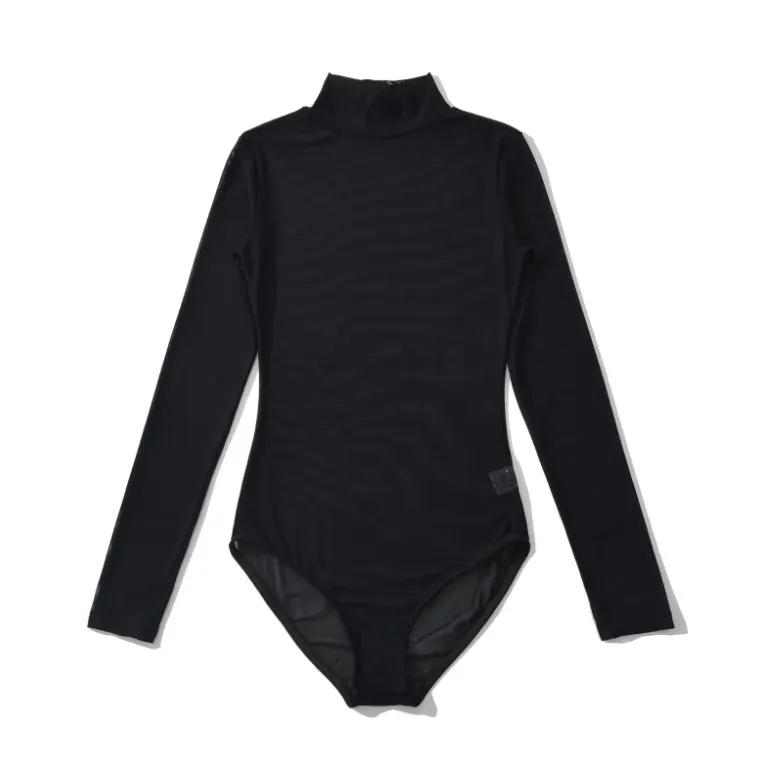 Women's Mesh Sheer Crew-Neck Long-Sleeve Jumpsuit - Black
