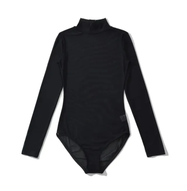 Women's Mesh Sheer Crew Neck Long Sleeve Jumpsuit Black - Shop at LoveMi