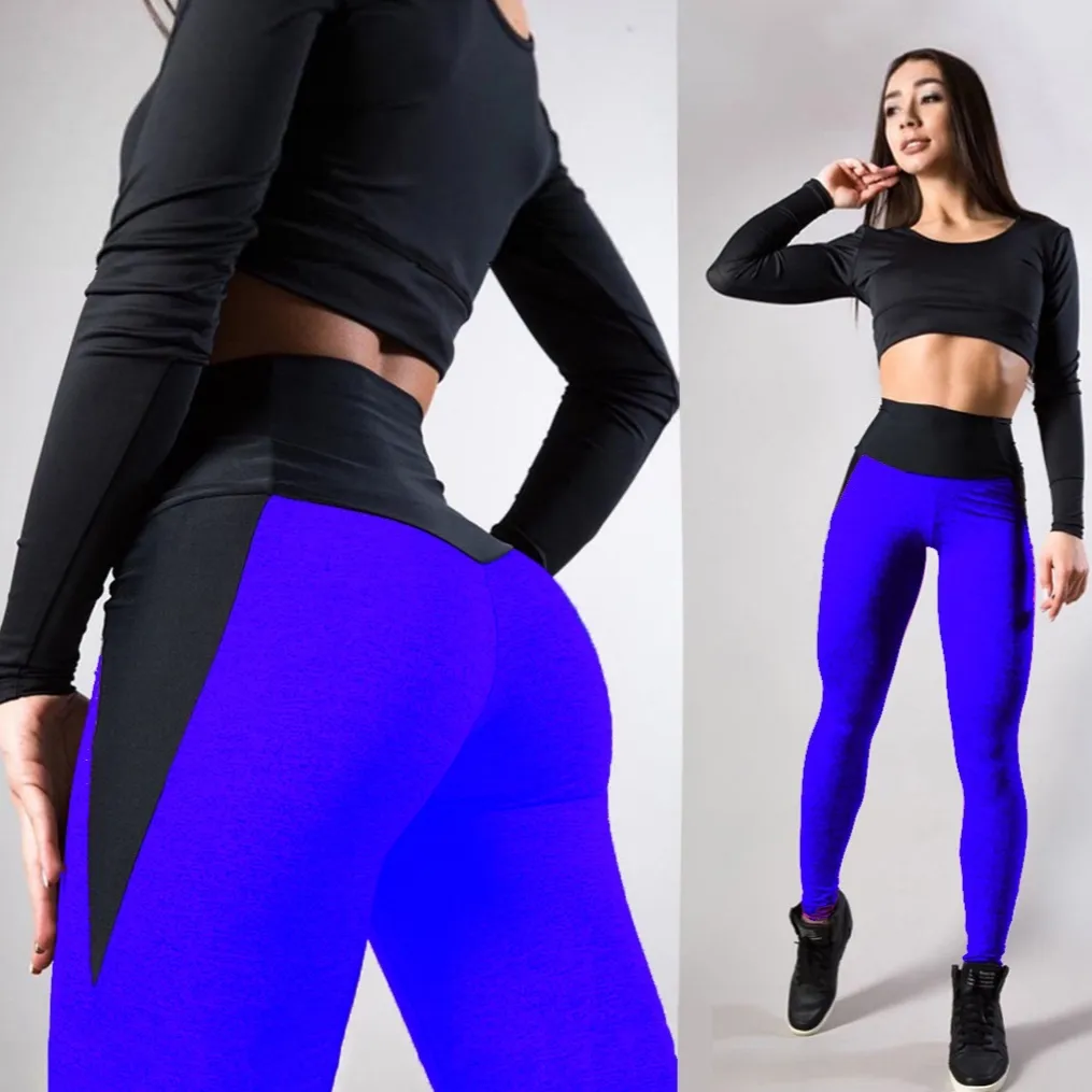 Spliced Contrasting-Color Athletic Yoga Leggings - Blue