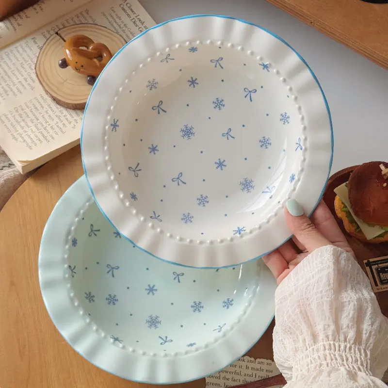 Snowflake-patterned Ceramic Dinner Plates Household Underglaze Colored Tableware For Breakfast And Desserts