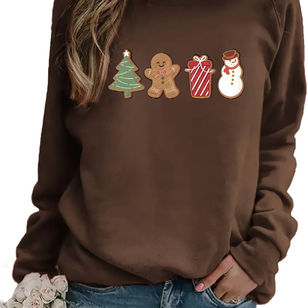 Snowman And Gingerbread Man Printed Sweater Comfortable And Casual - Coffee
