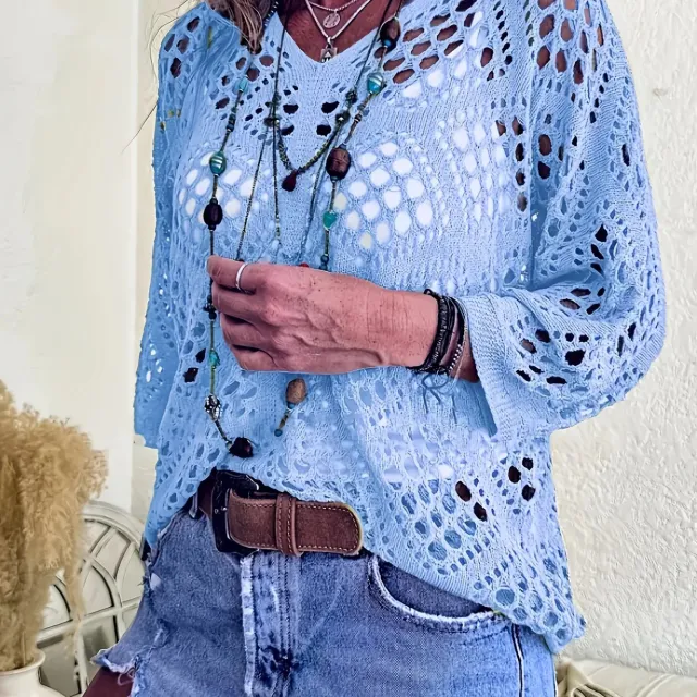 Stylish Beach Style Long Sleeve Knitted Blouse Hand Crocheting Solid Color Blue - Shop at LoveMi