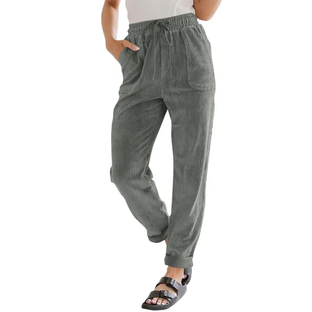 European And American Casual Pants Fashion Solid Color Corduroy Wide leg Pants Women's Pants Grey - Shop at LoveMi