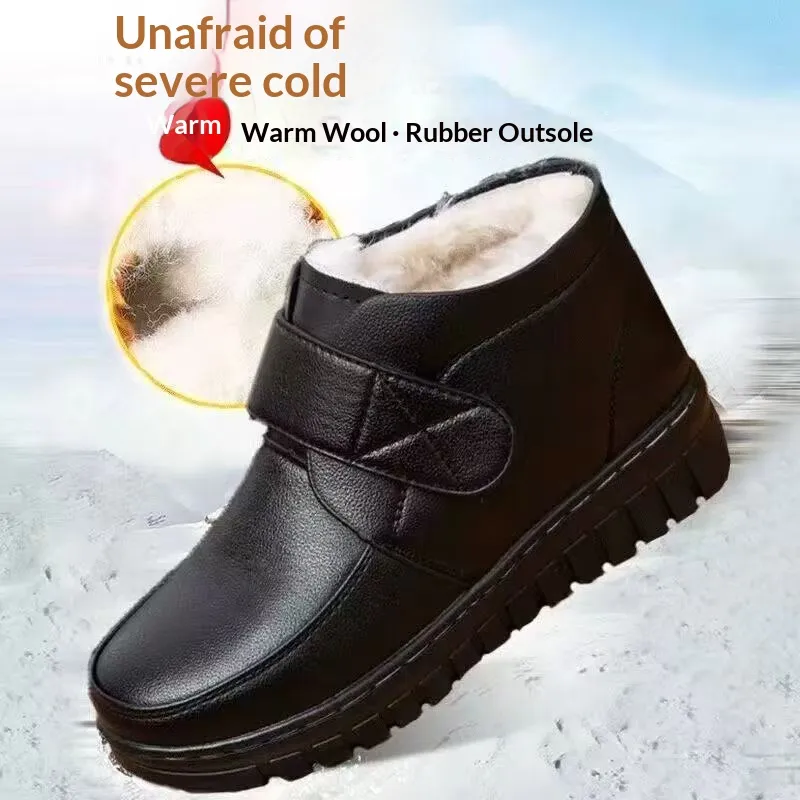 Fleece-lined Extra-thick Warm Ankle Boots Mid- And Elderly Leather Boots With Flat Soles - Velcro-39
