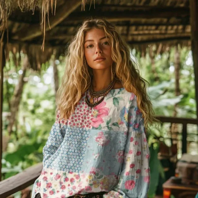 Vintage Floral Print Cotton And Linen Loose Top Multicolor - Shop at LoveMi